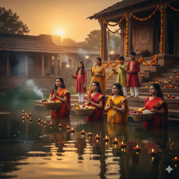 Indian family celebrating Diwali and Chhath Puja near a river with diyas and prayers during sunrise in 2025