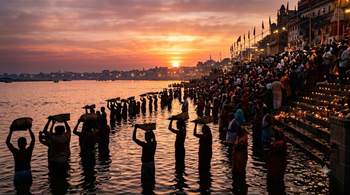 Chhath Puja Patna Ganga ghat devotees offering evening arghya to sun